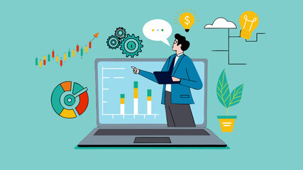 online webinar presentation, online seminars or meetings discussing business strategy, business discussion conference, data analysis or finance expertise, businessman on laptop screen explaining data