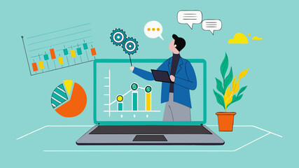 online webinar presentation, online seminars or meetings discussing business strategy, business discussion conference, data analysis or finance expertise, businessman on laptop screen explaining data