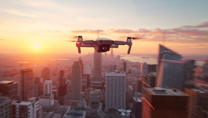 Drone delivery over a city skyline at sunset, stylized semi-realistic