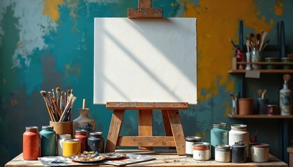 Vibrant art studio with wooden easel on gray floor. Studio filled with art supplies paintbrushes, paint jars, color palette. Mural of blue sky and clouds on studio walls adds whimsical touch.