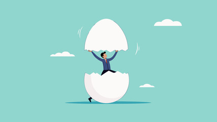 beginners businessman, beginner in starting a new business, newbie businessman comes out of a hatched egg concept vector illustration
