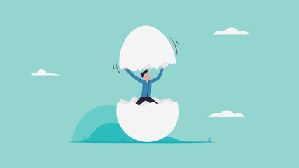beginners businessman, beginner in starting a new business, newbie businessman comes out of a hatched egg concept vector illustration