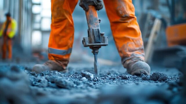 Worker demolishing concrete with construction site.