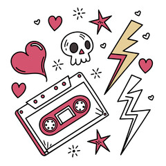 Retro cassette tape illustration with skull, heart, lightning bolt, and star elements