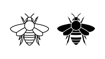 Minimalist Bee Outline and Solid Black Silhouette Icons on a White Background