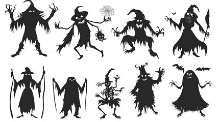 Set of halloween black silhouettes of various spooky characters vector isolated on white