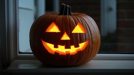 Carved glowing pumpkin for halloween on windowsill at dusk