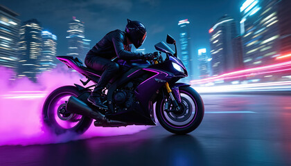 Fototapeta premium Vibrant purple motorcycle speeds down city street at night. Rider wears black helmet and jacket, illuminated by city lights. Motorcycle leaves purple smoke trail behind.