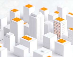 3D city of white blocks with orange roofs