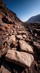 Winding trail of large stones leads through a serene valley beneath a bright sky