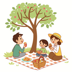 A delightful family enjoys a picnic under a blossoming tree, sharing food and laughter on a sunny day a heartwarming scene of togetherness