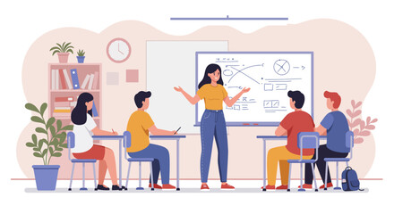Female Teacher Explaining Lesson to Students in Classroom Setting