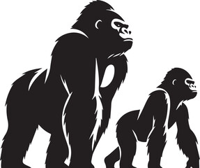 Gorilla Family Silhouette Vector – Black and White Wildlife Illustration of Parent and Baby Apes