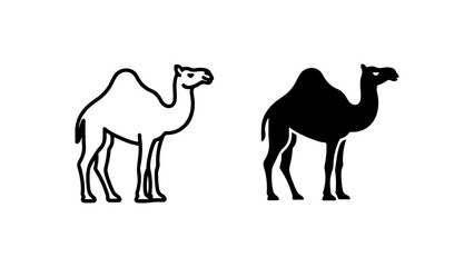 Black Outline and Solid Silhouette Dromedary Camel Illustrations on White Background