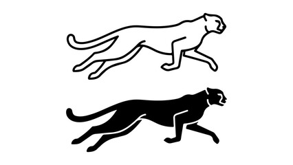 Stylized Leaping Big Cat Outline and Solid Silhouette on White Background