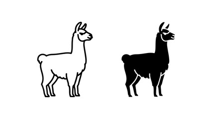 Stylized Black Silhouette and White Outline Llama Illustrations on White Background