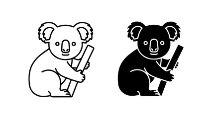 Stylized Koala Illustrations Holding a Branch in Two Styles: Outline and Silhouette