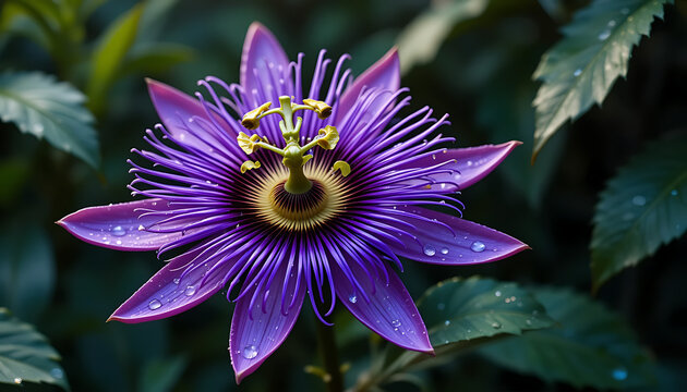 A stunning purple passionflower with delicate petals and water droplets, showcasing its intricate center and vibrant colors against a soft, dark green leafy background