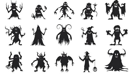 Halloween themed silhouette icons with spooky characters in black vector isolated on white