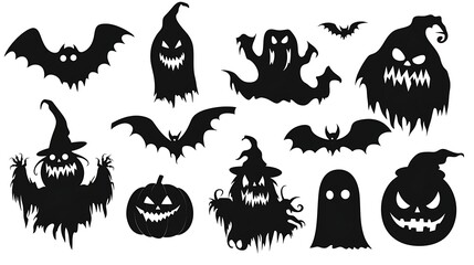 Halloween black silhouettes of monsters ghosts and pumpkins vector isolated on white