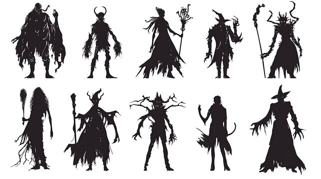 Set of spooky halloween black silhouette characters and icons vector isolated on white background