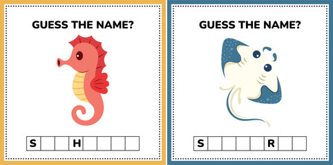 Flat Design Educational Guess Cards for Kids, 2 Sets: Stingray and Seahorse