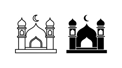 Islamic Mosque Building Icons with Crescent Moon Symbol in Outline and Solid Black Styles