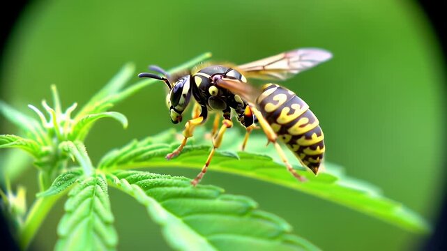 Detailed Yellowjacket Wasp Close Up on Vibrant Green Leaf in Natural Setting Showing Intricate Patterns and Texture