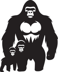 Gorilla Family Silhouette Vector – Black and White Wildlife Illustration of Parent and Baby Apes