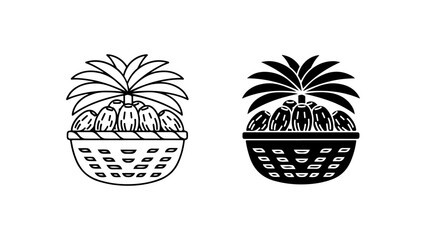 Stylized Dates in a Woven Basket with Palm Fronds, Line Art and Solid Black Icons