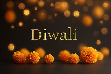 A Diwali message in elegant golden lettering surrounded by festive lights and blooming marigolds