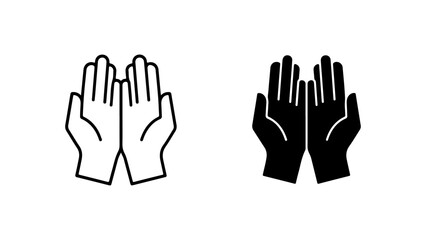 Two Open Hands Icons Depicting Prayer Gesture in Outline and Solid Black Styles