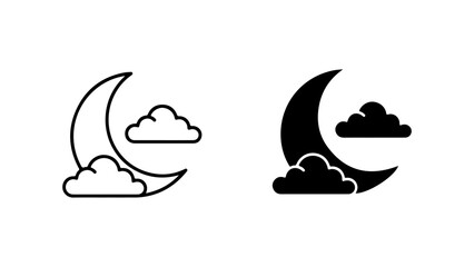 Minimalist Crescent Moon and Clouds Icon in Two Styles: Outline and Solid Fill
