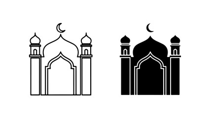 Mosque Icon Set with Outline and Solid Black Versions Featuring Dome, Minarets, and Crescent Moon Symbol
