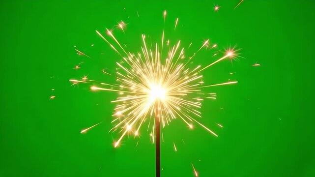 Golden sparkler bursts with vibrant light against a green screen, perfect for festive celebrations