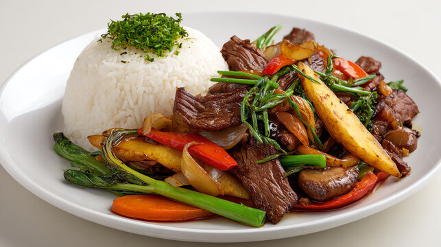 A vibrant plate of stir-fried beef and vegetables served with fluffy white rice, garnished with fresh herbs.
