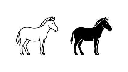 Simple Donkey Outline and Solid Silhouette Illustrations Isolated on White