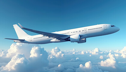 Obraz premium White passenger airplane flies high above clouds. Aircraft in flight against blue sky. Vacation travel tour poster. Airplane commercial flight. International air transport, airline, aviation.