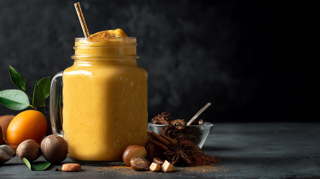 A vibrant smoothie in a mason jar, surrounded by spices and fruits, showcasing a delicious and healthy beverage option.