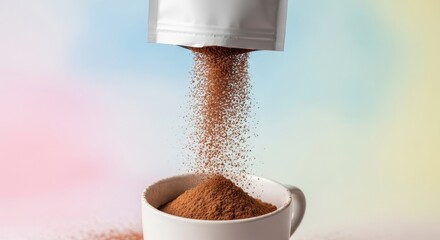 Brown powder pours from a white packet into a white mug against a light gradient backdrop