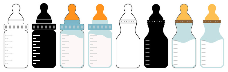 Vector illustration of baby bottle set. Use in drinking milk template.
