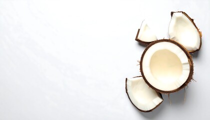 A high-angle, close-up view of fragmented coconut pieces against a simple white background, showcasing the brown husk and the white, creamy interior.