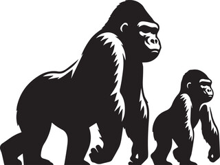 Gorilla Family Silhouette Vector – Black and White Wildlife Illustration of Parent and Baby Apes