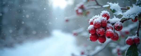 Serene winter scene with red berries in snow. Berries surrounded by snow, vibrant color against white backdrop. Blurred forest background adds depth, tranquility. Unique perspective from slightly