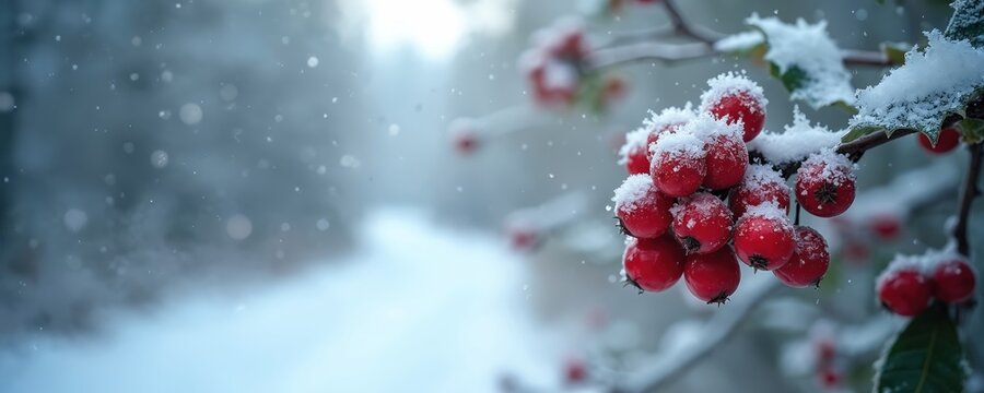 Serene winter scene with red berries in snow. Berries surrounded by snow, vibrant color against white backdrop. Blurred forest background adds depth, tranquility. Unique perspective from slightly