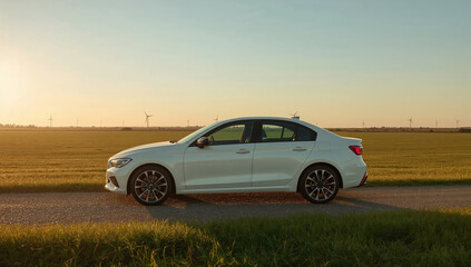 Fototapeta premium White Sedan on Countryside Road at Sunset