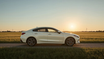 Fototapeta premium White Sedan on Countryside Road at Sunset