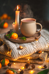 Steaming cup of hot beverage sits on a tray with a mandarin orange and lit candles, placed on a cozy knitted blanket with warm, inviting lighting, creating a perfect winter atmosphere