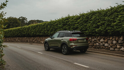 Fototapeta premium Green SUV on Country Road