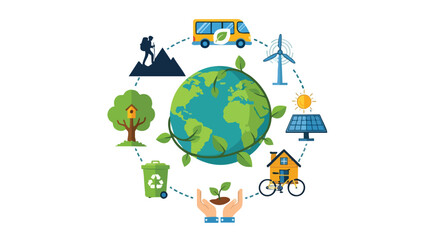 Naklejka premium Comprehensive illustration of sustainable living concepts emphasizing ecological balance and renewable energy sources for a greener future